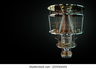 Quantum Computer Isolated On Black. Golden Gear, Quantum Computing, Quantum Cryptography, Steampunk, Q Bits, Parallel Computing. 3D Illustration, 3D Render