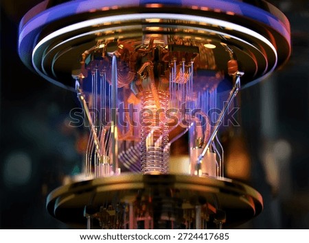 Quantum computer processor with superconducting circuits and wiring inside a cryogenic cooling system. High-tech 3D concept of quantum computing technology, artificial intelligence, next-generation data science, advanced scientific research