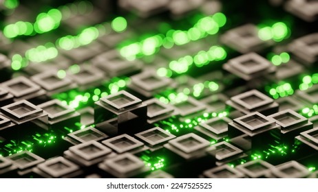 Quantum computing concept. Data flowing between cubits in a quantum processor. Blocks symbolising quantum state of the cubit. 3D Illustration
