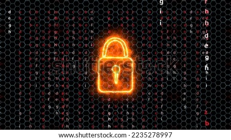 Quantum cryptography security technology lock blue hexagon wire and matrix animation red theme