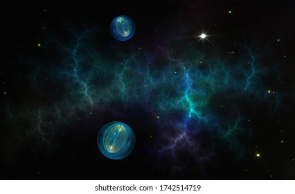 Quantum Physics. Photon, Atom, Neutrino. Nanotechnology, Nanocosmos, Nanoworld. Fractal Picture Of Nebula Space Background. 3d Illustration.