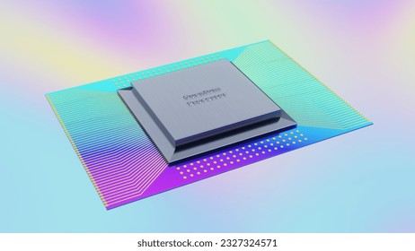 Quantum processor concept with quantum qubits circuit boards in layers, wiring, cover, 3D rendering, assembled view, holographic gradient silver color palette background. 3D Illustration