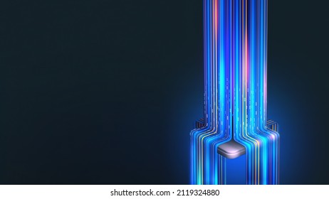 Quantum Processor Innovative Concept Of Computing Machines. 3D Illustration Of Streaming Data Processed By CPU. Cyber High Speed Data Transmission Technology