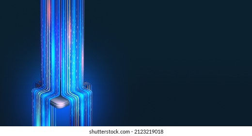 Quantum Processor Innovative Concept Of Computing Machines. 3D Illustration Of Streaming Data Processed By CPU. Cyber High Speed Data Transmission Technology