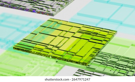 Quantum processor rotating slowly on a circuit board, showcasing advanced technology and complex architecture, isolated on a white background