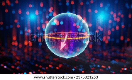 Quantum qubit in superposition state, bloch sphere, visualisation of concept of quantum coputing, illustration, 3D rendering. 3D Illustration