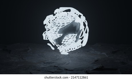 A quantum subatomic metal sphere in an energy field above the rock surface (3D render).