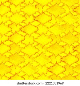 Quatrefoil Seamless Pattern. Fortuna Gold And Yellow Geometric Morrocan Tile. Lattice Marrakesh Watercolor Design. Arabic Damask Print. Rhombus Majolica Background. Barbed Watercolour Trellis.