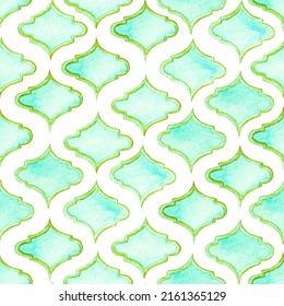 Quatrefoil Seamless Pattern. Green And Teal Rhombus Majolica Background. Barbed Watercolour Trellis. Geometric Morrocan Tile. Lattice Marrakesh Watercolor Design. Arabic Damask Print.