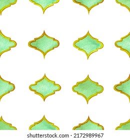 Quatrefoil Seamless Pattern. Green And Teal Arabic Damask Print. Geometric Morrocan Tile. Lattice Marrakesh Watercolor Design. Rhombus Majolica Background. Barbed Watercolour Trellis.