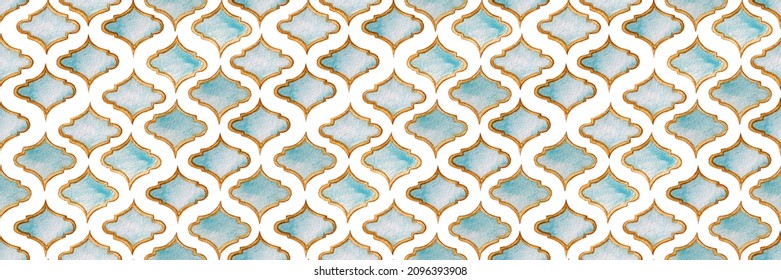 Quatrefoil Seamless Pattern For Header. Blue And Indigo Damask Print. Geometric Morrocan Tile. Lattice Marrakesh Watercolor Header. Rhombus Majolica Background. Barbed Watercolour Trellis.