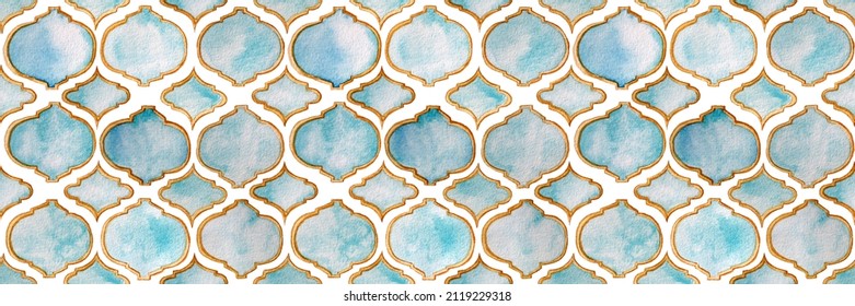 Quatrefoil Seamless Pattern For Header. Blue And Indigo Damask Print. Geometric Morrocan Tile. Lattice Marrakesh Watercolor Header. Rhombus Majolica Background. Barbed Watercolour Trellis.