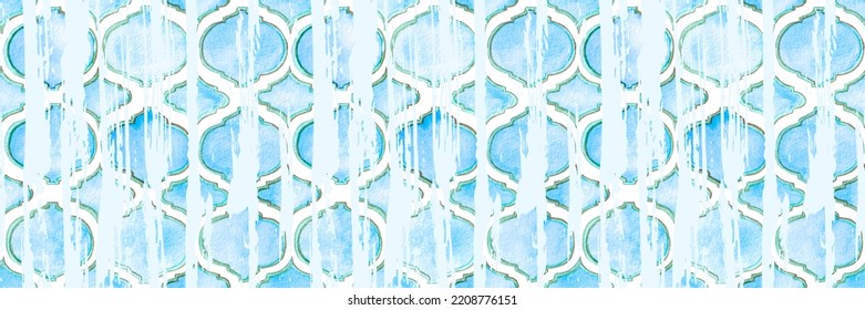 Quatrefoil Seamless Pattern For Header. Blue And Indigo Damask Print. Rhombus Majolica Background. Barbed Watercolour Trellis. Geometric Morrocan Tile. Lattice Marrakesh Watercolor Header.