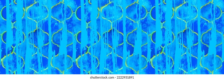 Quatrefoil Seamless Pattern For Header. Blue And Indigo Damask Print. Geometric Morrocan Tile. Lattice Marrakesh Watercolor Header. Rhombus Majolica Background. Barbed Watercolour Trellis.