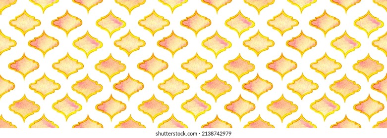 Quatrefoil Seamless Pattern For Header. Fortuna Gold And Yellow Rhombus Majolica Background. Barbed Watercolour Trellis. Damask Print. Geometric Morrocan Tile. Lattice Marrakesh Watercolor Header.