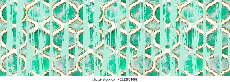 Quatrefoil Seamless Pattern For Header. Green And Teal Damask Print. Rhombus Majolica Background. Barbed Watercolour Trellis. Geometric Morrocan Tile. Lattice Marrakesh Watercolor Header.