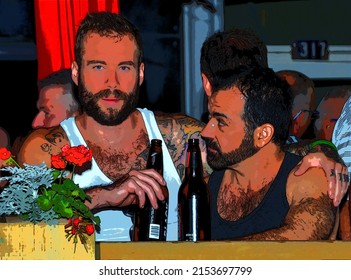 MONTRÉAL QUEBEC AUGUST 15 2013: Men Drink A Beer In A Bar After The Gay Pride Parade, Sign Illustration Background Icon With Color Spots