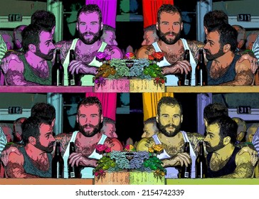 MONTRÉAL QUEBEC AUGUST 15 2013: Men Drink A Beer In A Bar After The Gay Pride Parade, Sign Illustration Background Icon With Color Spots