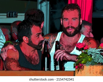 MONTRÉAL QUEBEC AUGUST 15 2013: Men Drink A Beer In A Bar After The Gay Pride Parade, Sign Illustration Background Icon With Color Spots