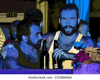 MONTRÉAL QUEBEC AUGUST 15 2013: Men Drink A Beer In A Bar After The Gay Pride Parade, Sign Illustration Background Icon With Color Spots