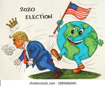 Quebec, Canada-01-06-2021: Donald Trump Ink Cartoon, Getting Kicked By The World After The 2020 Election Results