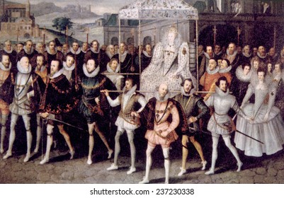 QUEEN ELIZABETH I, ( 1533- 1603), Queen of England 1558- 1603, being carried by her courtiers.