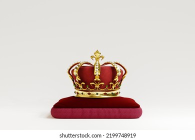 Queen Or King Crown On Royal Cushion. 3D Illustration