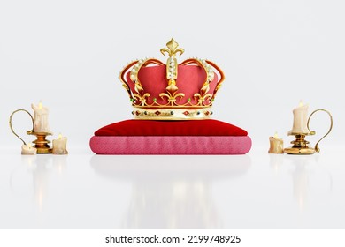 Queen Or King Crown On Royal Cushion. 3D Illustration