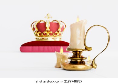 Queen Or King Crown On Royal Cushion. 3D Illustration