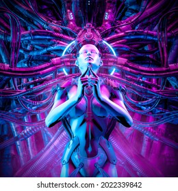 Queen of the machine female cyborg - 3D illustration of science fiction meditating woman android hardwired to complex alien machinery