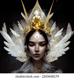 Queen Of Magic Wearing A Crown Of Gold Leaf, Crystals, Feathers, And Sacred Geometry.