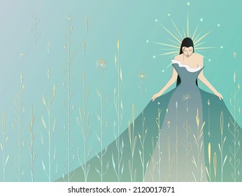 queen nature and gold flora her dress blue gradient background