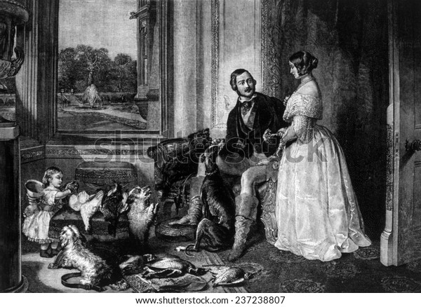 Queen Victoria (right) and\
Prince Albert (left), Queen Victoria ( 1819- 1901) ruled Great\
Britain 1837- 190 1, Prince Albert ( 18 19- 186 1), with child and\
dogs, 1843.