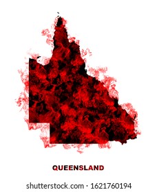 Queensland Map Fire On White Background. Bushfire In Australia Wilderness. Save Australia Concept. Series Of Massive Bushfires Across Australia.