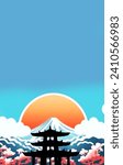 Questa immagine presenta un paesaggio stilizzato con elementi giapponesi iconici. Al centro, vediamo una grande rappresentazione del Monte Fuji, con la sua vetta innevata distintiva che penetra un cie