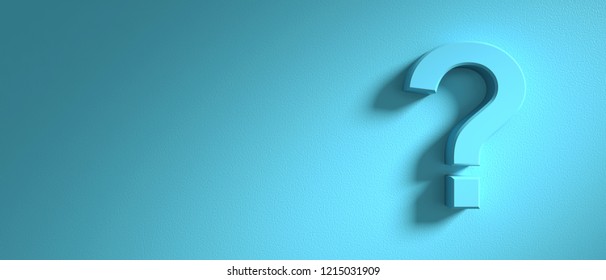 Question concept. Question mark on blue wall background, banner, copy space. 3d illustration