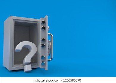 Question mark inside safe isolated on blue background. 3d illustration
