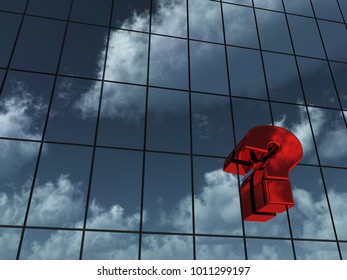 question mark on glass building with reflection of clouds - 3d rendering