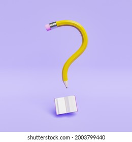 Question Mark Pencil With Open Book On Pastel Purple Background. Minimal Scene, Concept Of Education, Curiosity, Ideas. 3d Render