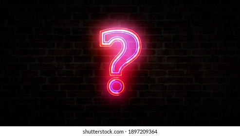Question mark, query symbol, knowledge, faq, education, search and quiz neon sign on brick wall concept. Abstract 3d rendering illustration.