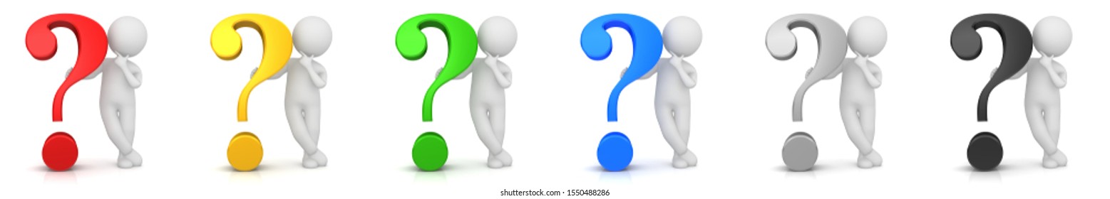 question mark red gold green blue silver black 3d rendering asking thinking white stick figure interrogate man