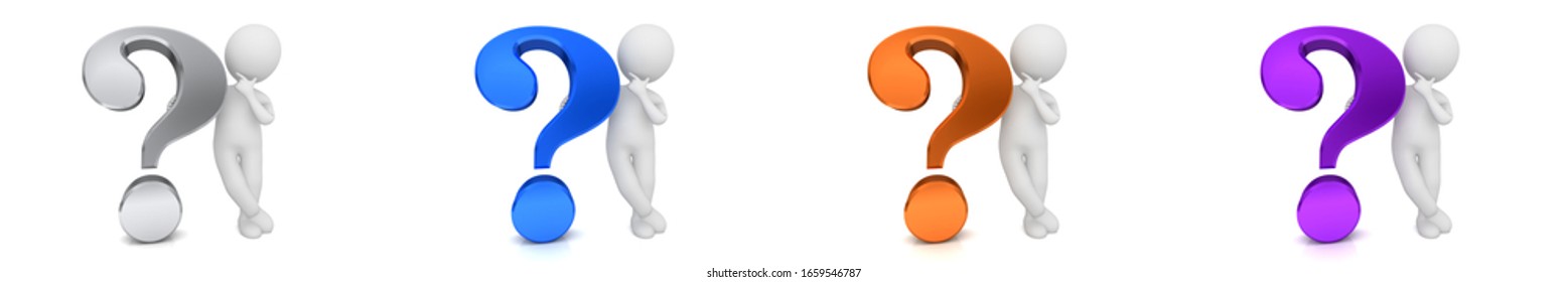 Fragezeichen setzen silberblau-orangefarbene violette Abfragepunkte mit weißem Stick Mann 3d-Rendering