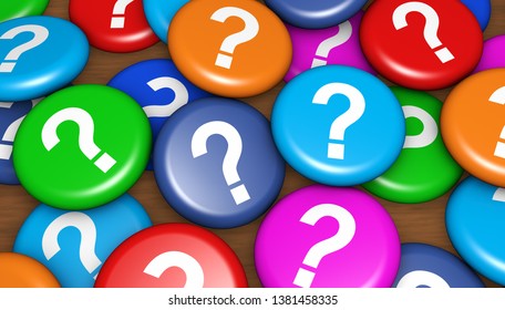 Question mark symbol on many colorful badges customer questions and assistance conceptual 3d illustration.