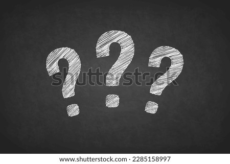 Question mark written chalk on blackboard. Question why? Quiz white chalk on black chalkboard. Hand draw icon. Quastion uncertainty. Handwritten hands questionnair. Illustration