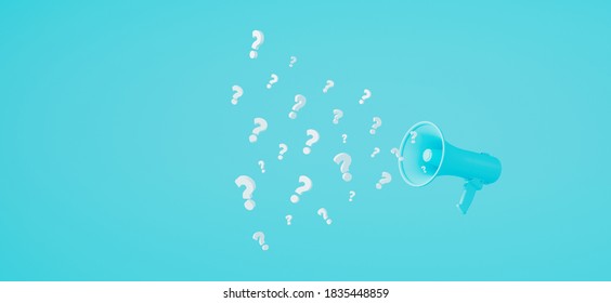 Question marks come out of the megaphone on a blue background. surprise concept 3d render 3d illustration