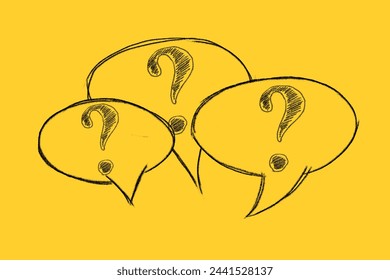 Question marks with speech bubble drawn on yellow background. Frequently asked questions