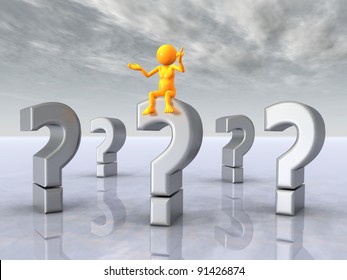 Question Marks with Thinker Computer generated 3D illustration