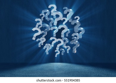 Question marks in uncertainty concept - 3d rendering