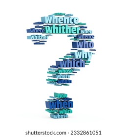 Question Words in Shape of Question Mark on a white background. 3d Rendering 