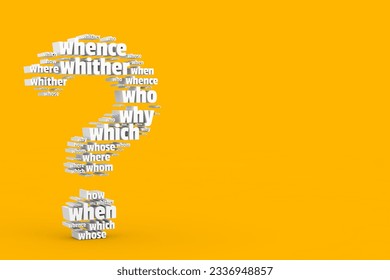 Question Words in Shape of Question Mark on a yellow background. 3d Rendering 